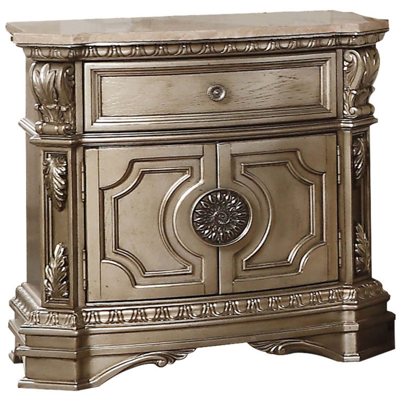 Northville Nightstand, Marble Top & Antique Silver Finish Acme