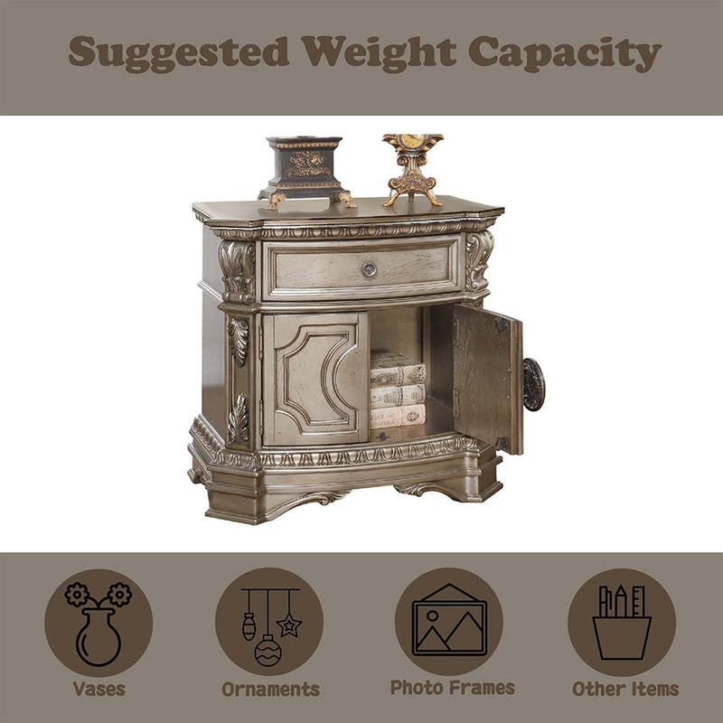 Northville Nightstand w/Wooden Top, Antique Silver Finish Acme