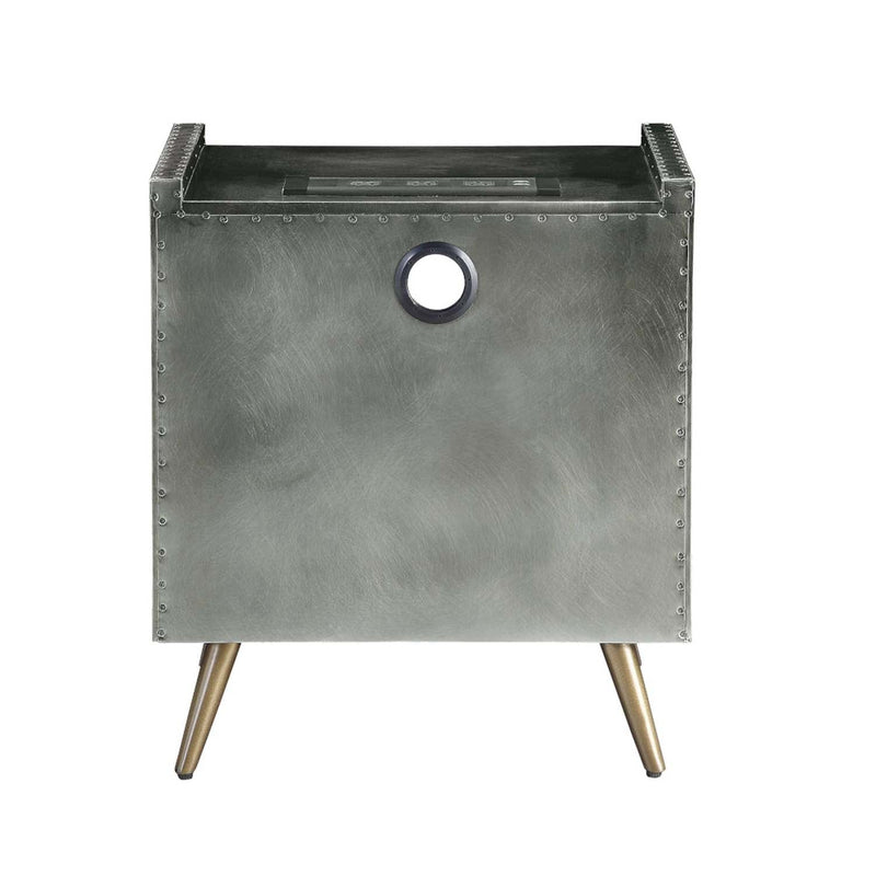 Doris Nightstand w/USB & Electric Lock, Gray Top Grain Leather & Aluminum Acme