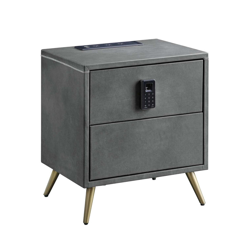 Doris Nightstand w/USB & Electric Lock, Gray Top Grain Leather Acme