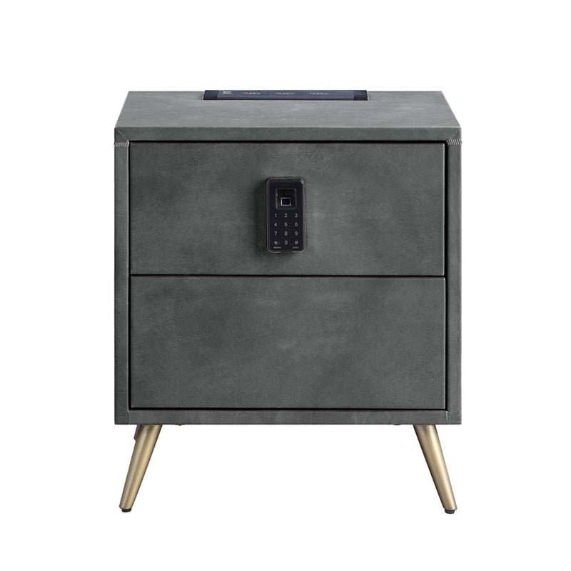 Doris Nightstand w/USB & Electric Lock, Gray Top Grain Leather Acme
