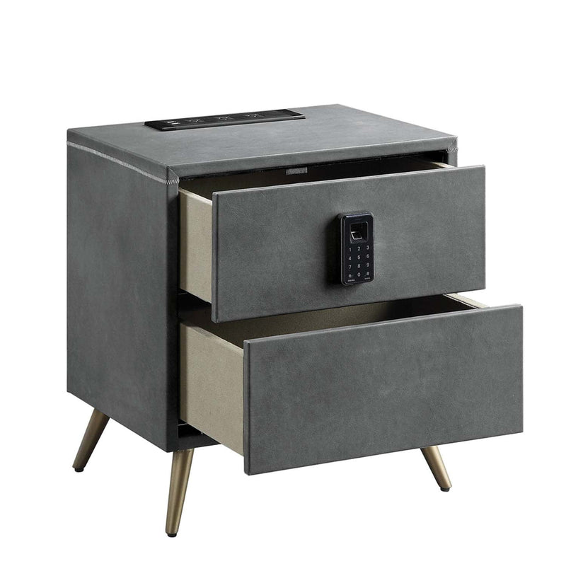Doris Nightstand w/USB & Electric Lock, Gray Top Grain Leather Acme
