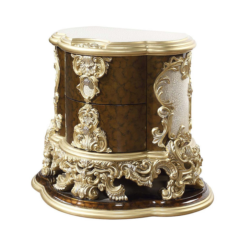 Desiderius Nightstand, Antique Gold & Hand Painted Brown Finish Acme