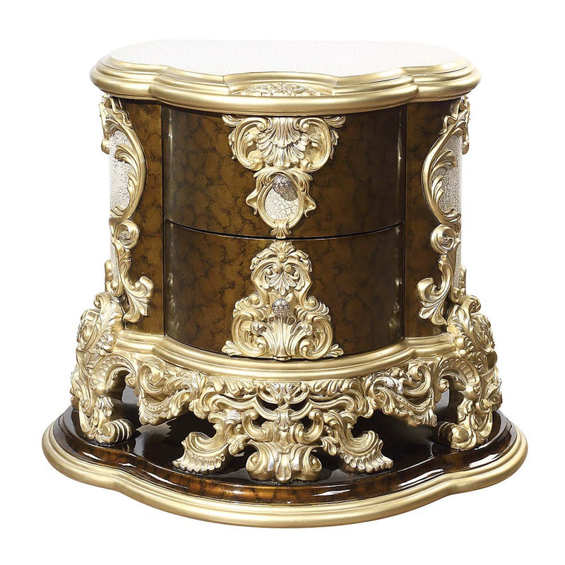 Desiderius Nightstand, Antique Gold & Hand Painted Brown Finish Acme