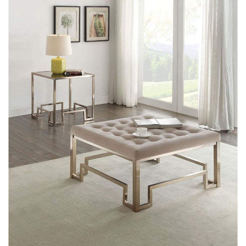 Damien Cocktail Ottoman, Beige Fabric & Champagne Finish Acme
