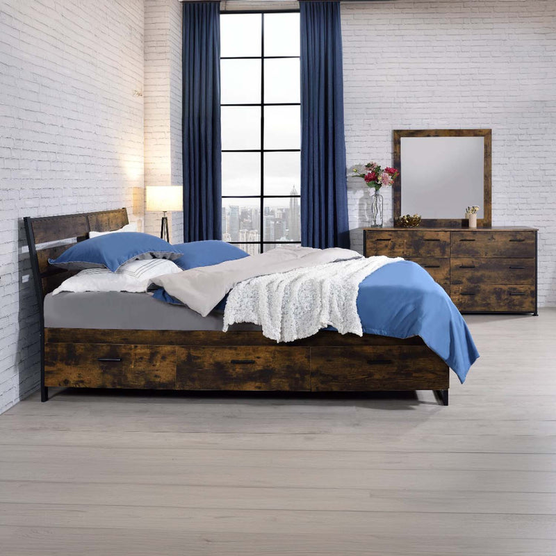 Juvanth Queen Bed w/Storage, Rustic Oak & Black Finish Acme