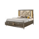 Skylar King Bed w/Led & Storage, Faux leather & Dark Champagne Finish Acme