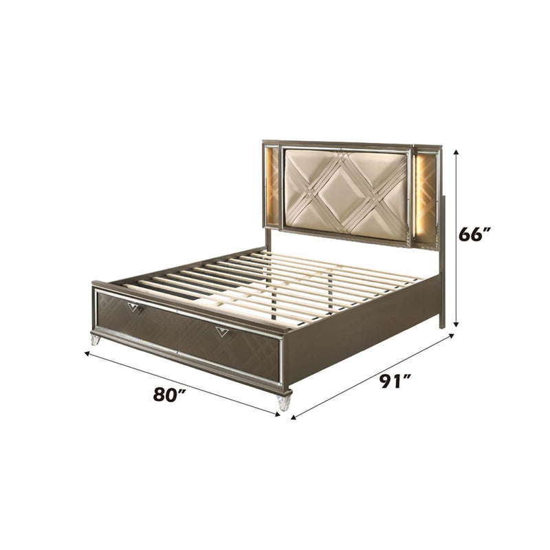 Skylar King Bed w/Led & Storage, Faux leather & Dark Champagne Finish Acme