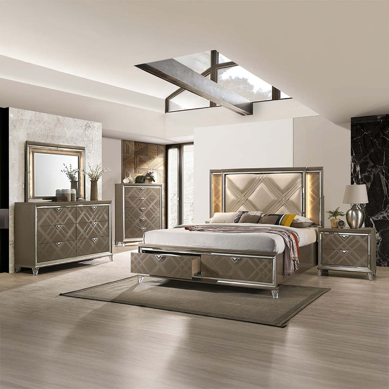 Skylar King Bed w/Led & Storage, Faux leather & Dark Champagne Finish Acme