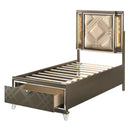 Skylar Full Bed w/Led & Storage, Faux leather & Dark Champagne Finish Acme