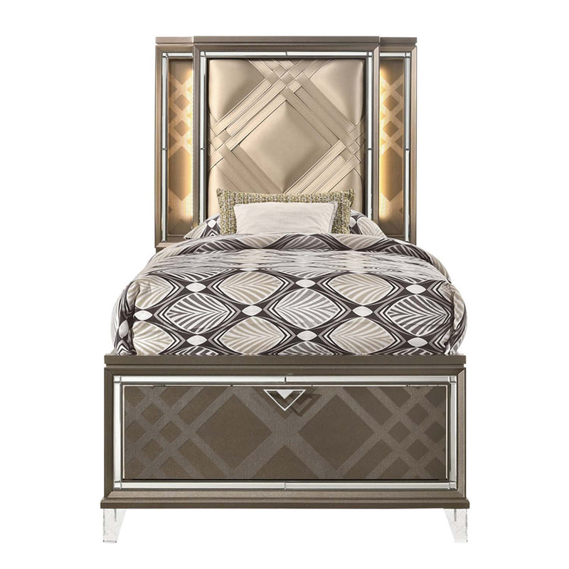Skylar Full Bed w/Led & Storage, Faux leather & Dark Champagne Finish Acme