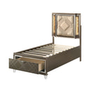 Skylar Twin Bed w/Led & Storage, Faux leather & Dark Champagne Finish Acme