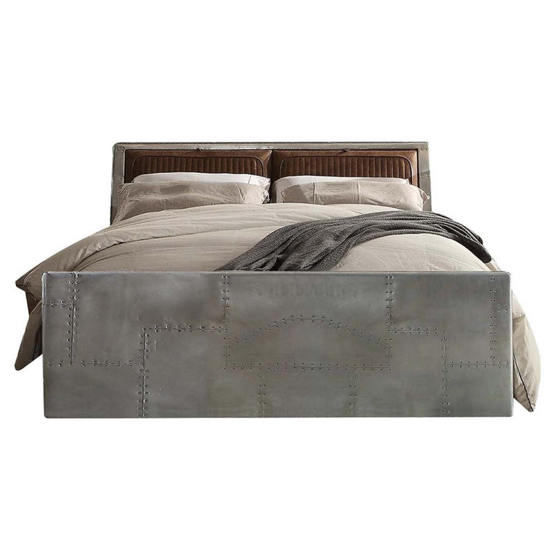 Brancaster Queen Bed, Retro Brown Top Grain Leather & Aluminum Acme