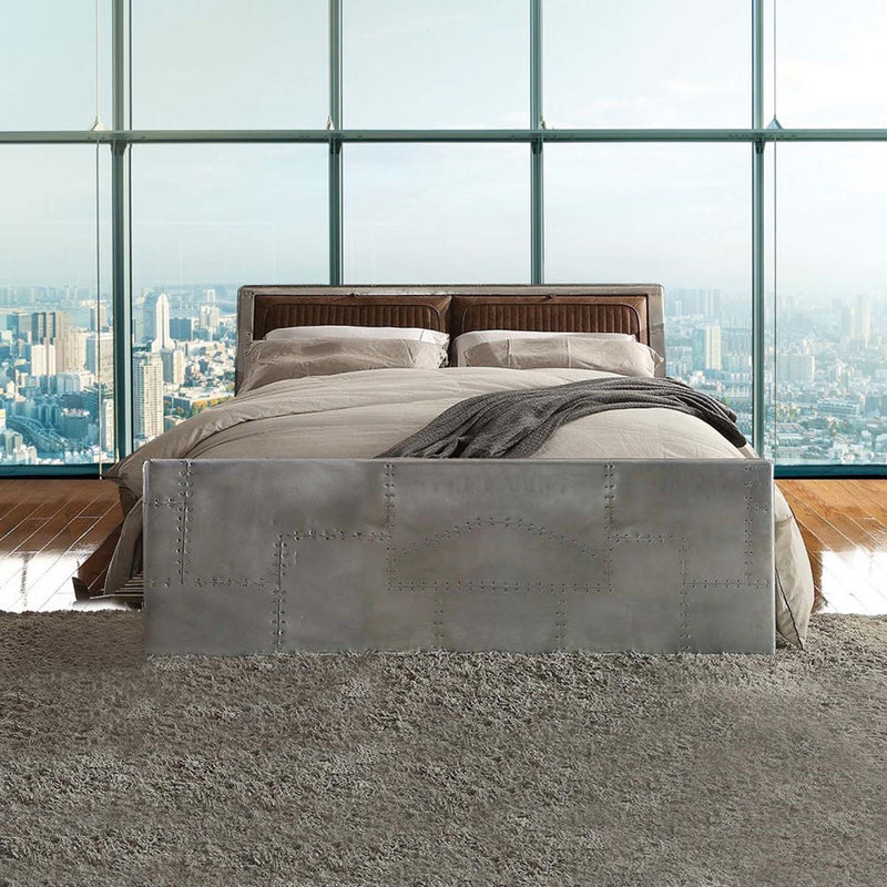 Brancaster Queen Bed, Retro Brown Top Grain Leather & Aluminum Acme