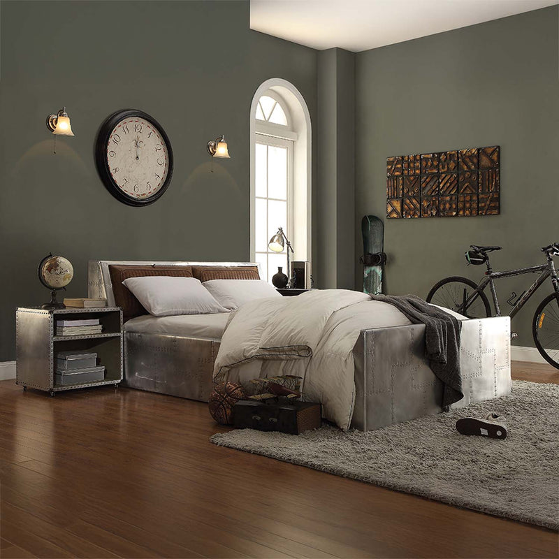 Brancaster Queen Bed, Retro Brown Top Grain Leather & Aluminum Acme