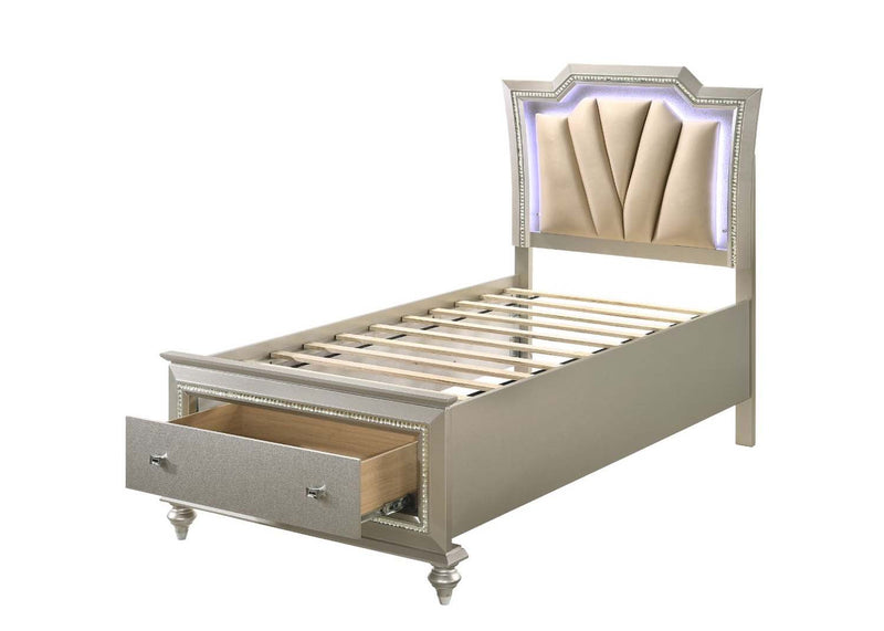 Kaitlyn Twin Bed w/Led & Storage, Faux Leather & Champagne Finish Acme
