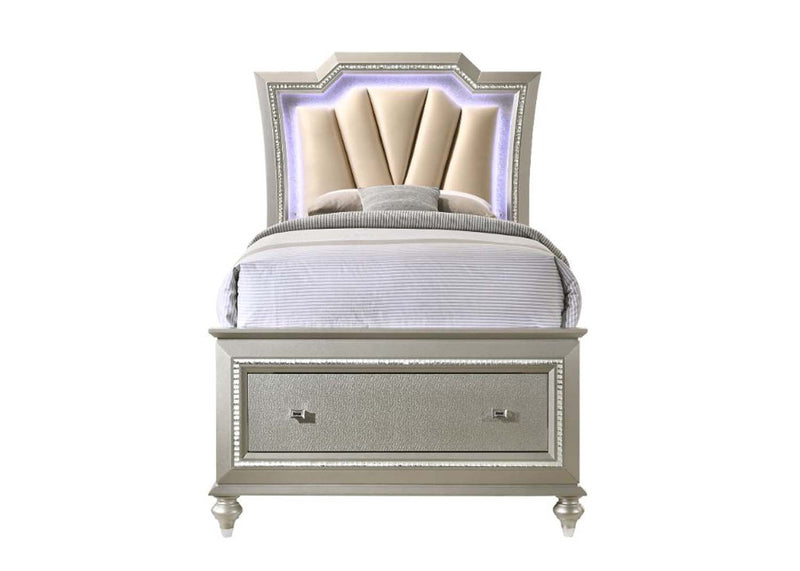 Kaitlyn Full Bed w/Led & Storage, Faux Leather & Champagne Finish Acme