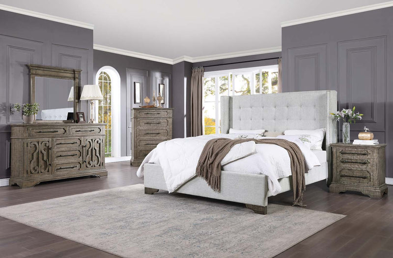 Artesia Queen Bed, Tan Fabric & Salvaged Natural Finish Acme