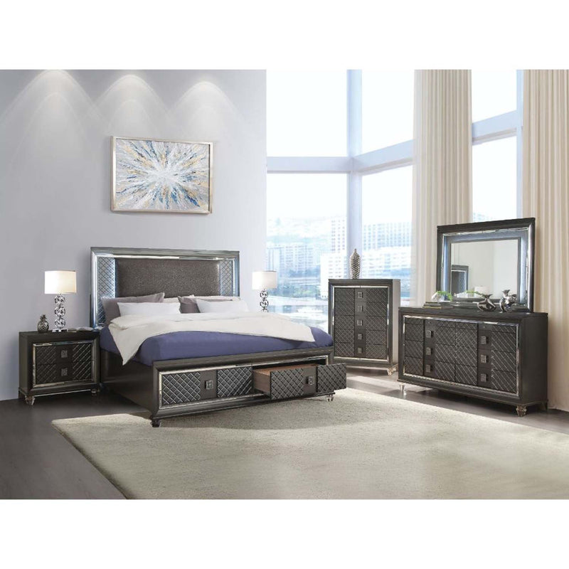 Sawyer Queen Bed w/Led & Storage, Faux Leather & Metallic Gray Finish Acme