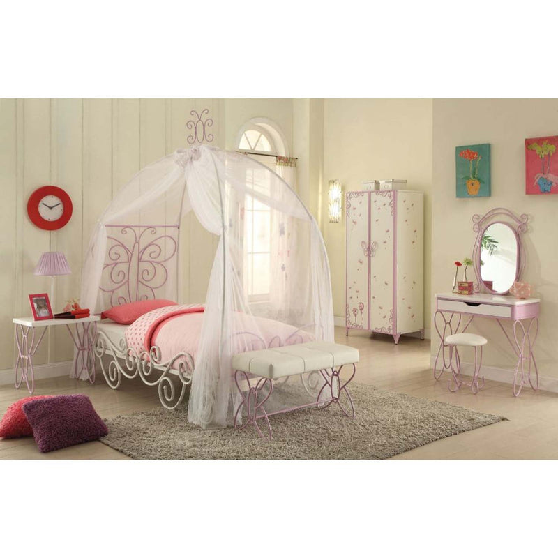 Priya II Full Bed w/Canopy, White & Light Faux Leather rple Finish Acme