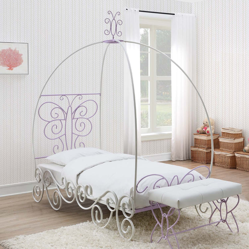 Priya II Full Bed w/Canopy, White & Light Faux Leather rple Finish Acme
