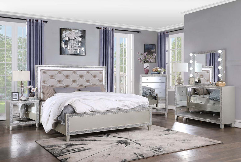 Sliverfluff King Bed w/Led, Faux Leather & Champagne Finish Acme
