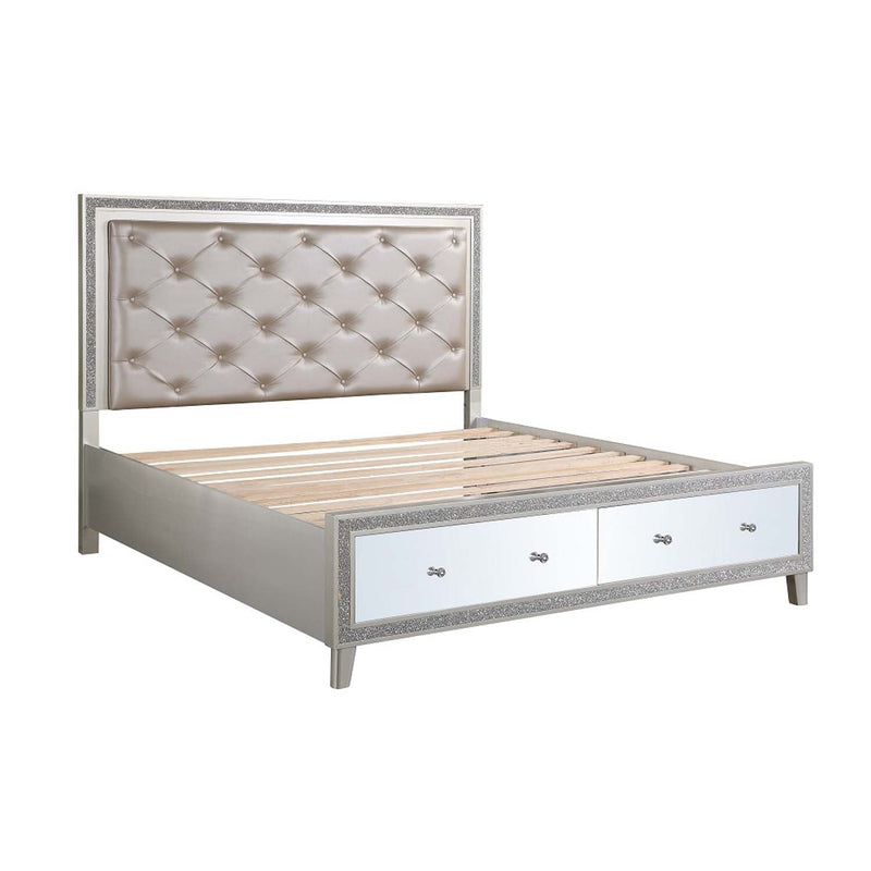 Sliverfluff California King Bed w/Led & Storages, Faux Leather & Champagne Acme