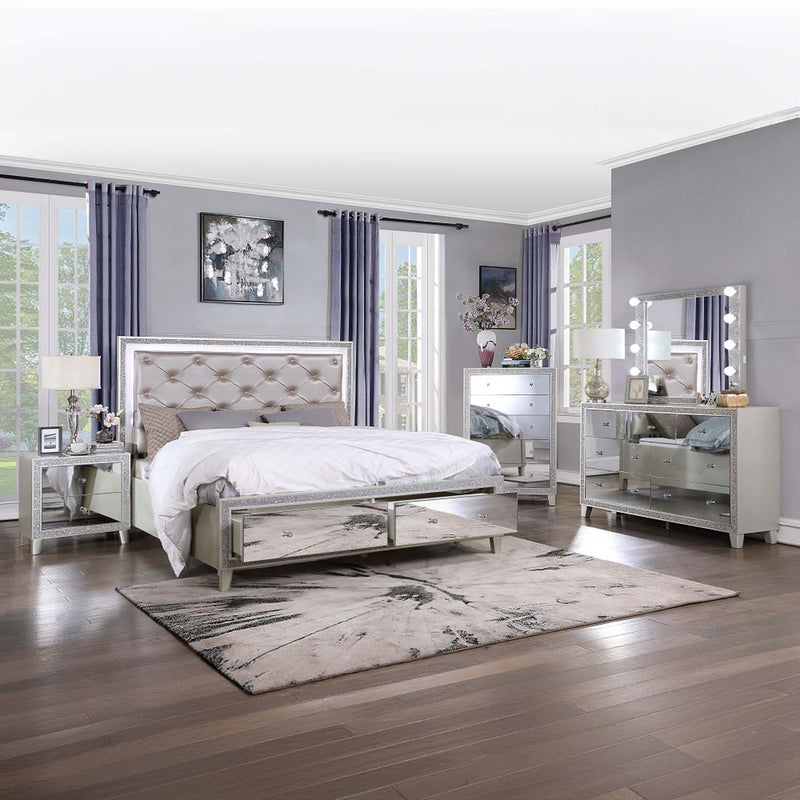 Sliverfluff California King Bed w/Led & Storages, Faux Leather & Champagne Acme