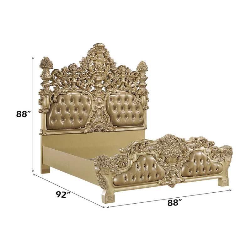 Seville King Bed, Faux Leather & Gold Finish Acme