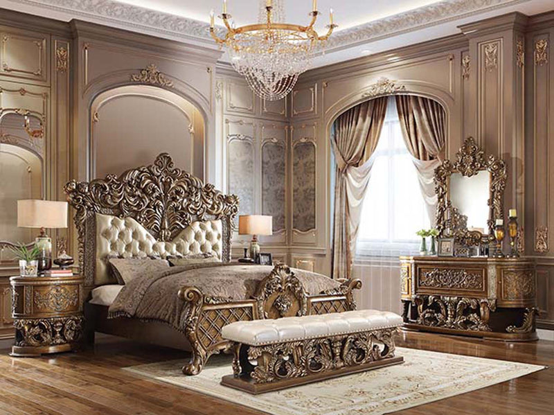 Constantine King Bed, Faux Leather , Light Gold, Brown & Gold Finish Acme