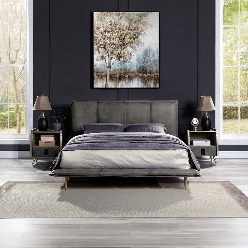 Metis Queen Bed, Gray Top Grain Leather Acme
