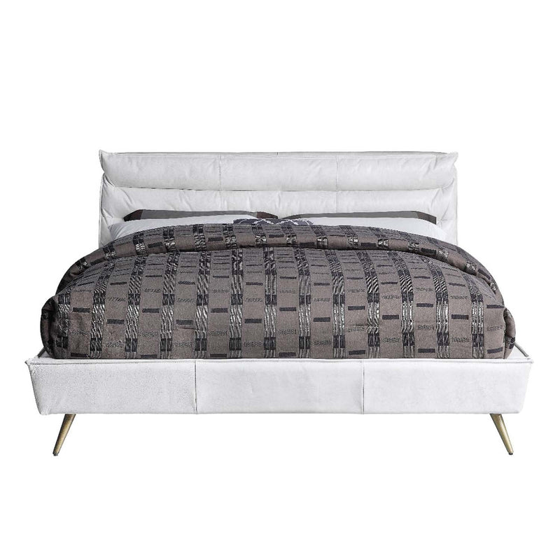 Doris King Bed, Vintage White Top Grain Leather Acme