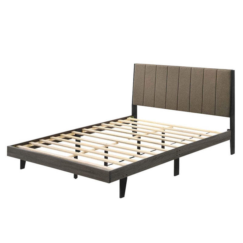 Valdemar Queen Bed, Brown Fabric & Weathered Gray Finish Acme