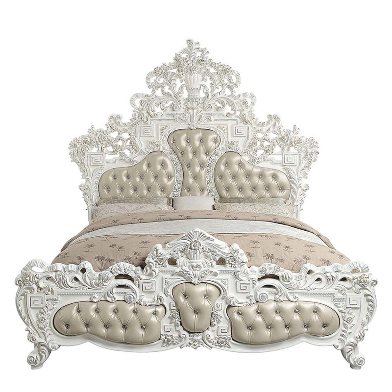 Vanaheim King Bed, Beige Faux Leather & Antique White Finish Acme