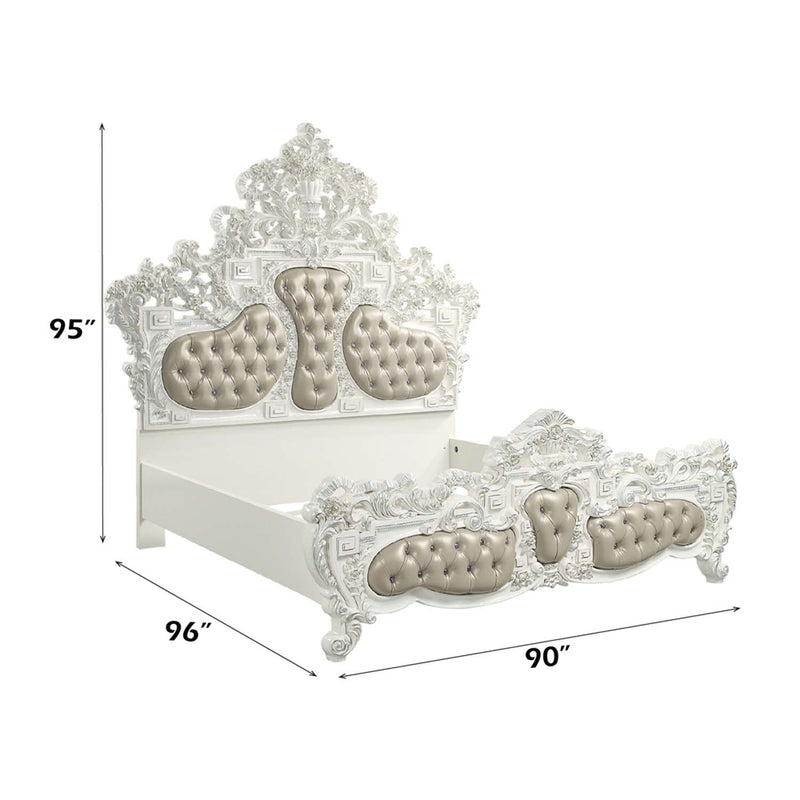 Vanaheim King Bed, Beige Faux Leather & Antique White Finish Acme