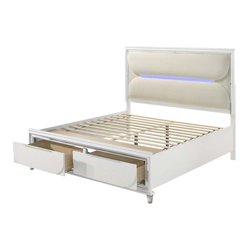 Tarian Queen Bed w/Led & Storage, White Boucle & Pearl White Finish Acme