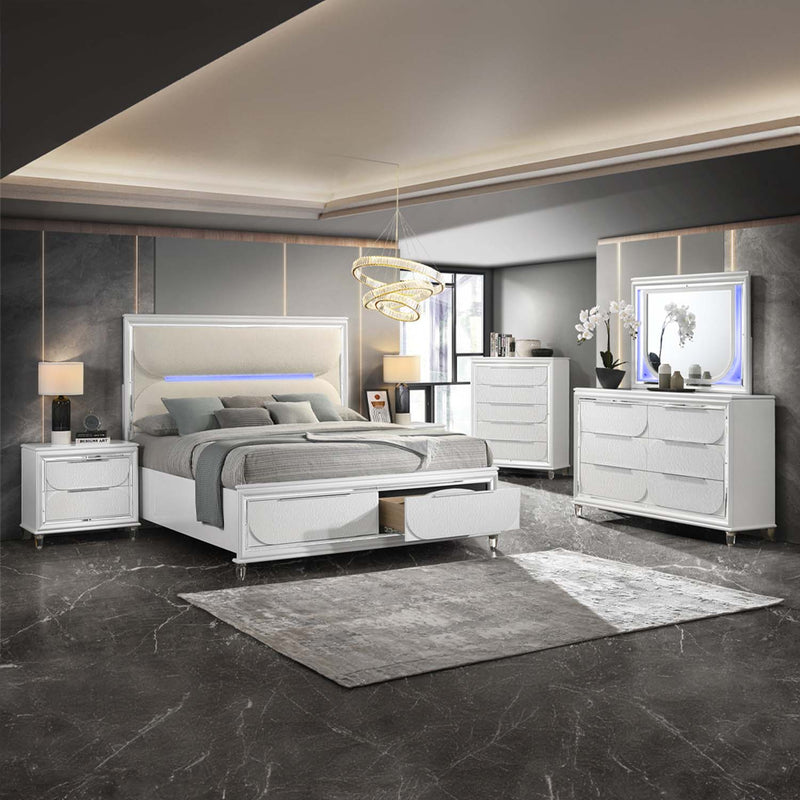 Tarian Queen Bed w/Led & Storage, White Boucle & Pearl White Finish Acme