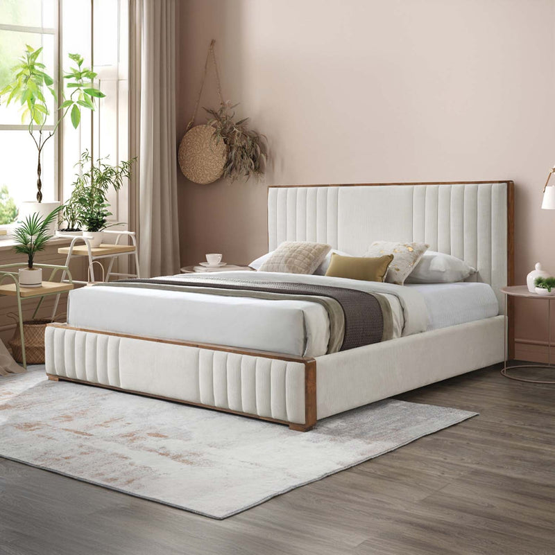 Kaleea King Bed, Beige Chenille & Walnut Finish Acme
