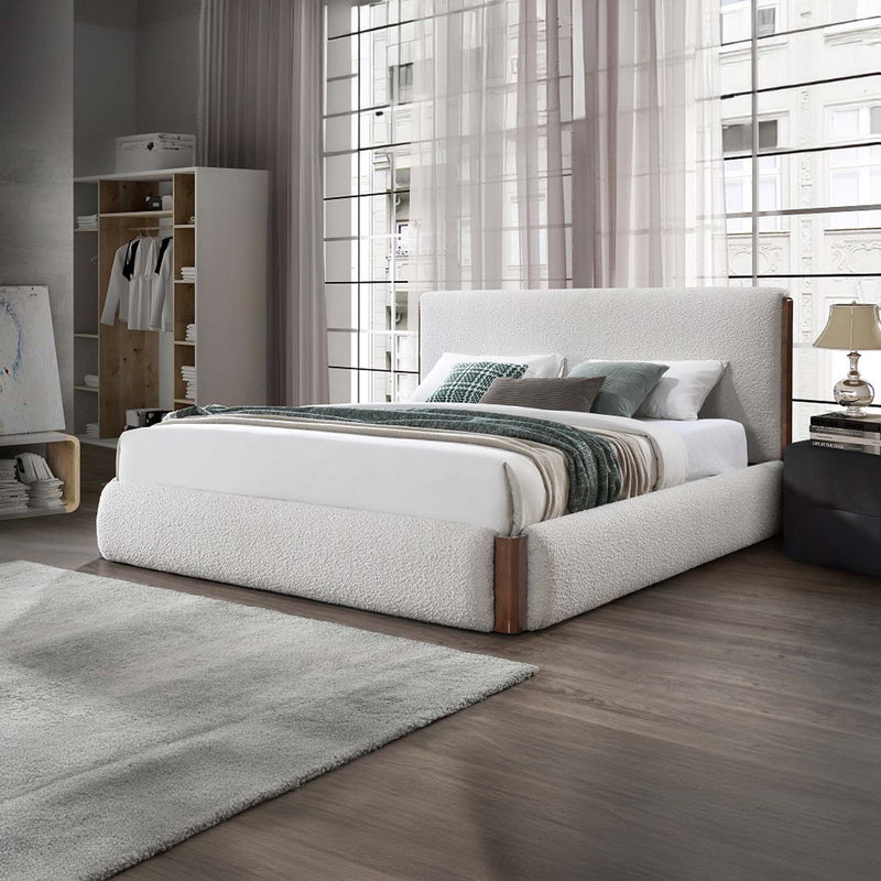 Sandro King Bed, White Boucle & Walnut Finish Acme