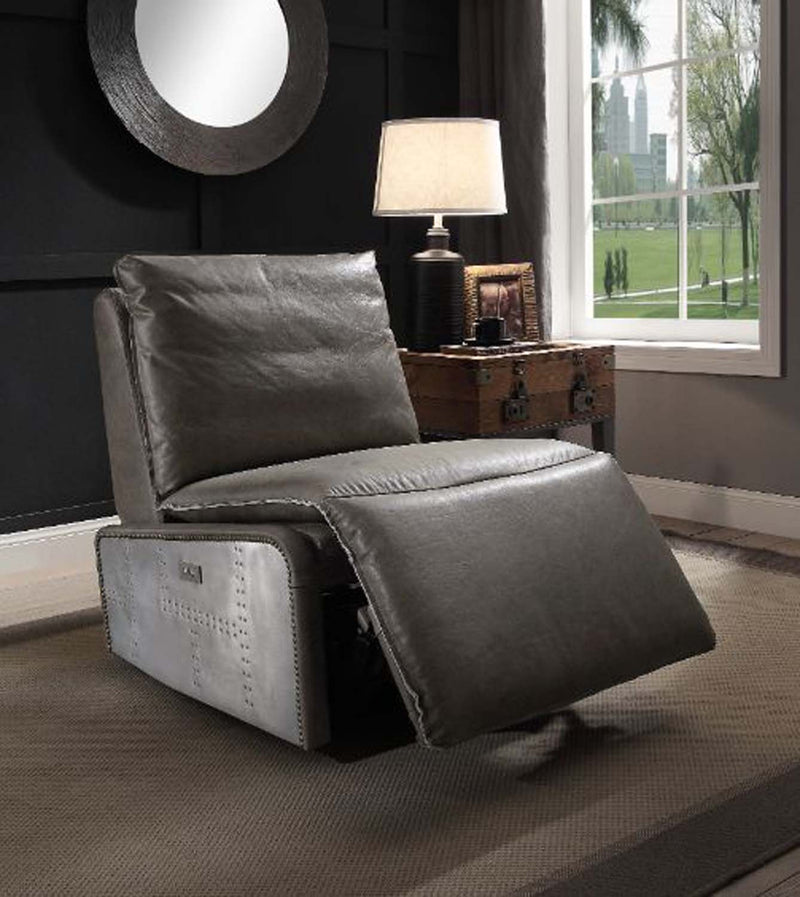 Metier Power Motion Recliner, Gray Top Grain Leather & Aluminum Acme