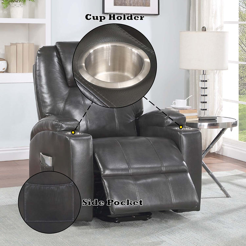 Recliner w/Power Lift & Massage, Gunmetal Leather Aire Acme
