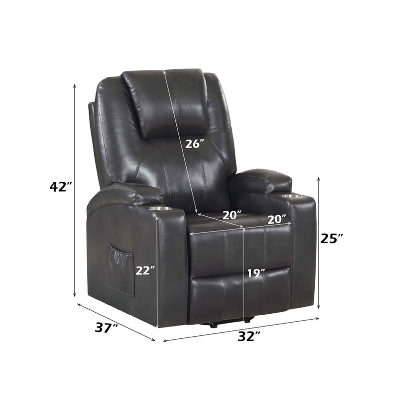 Recliner w/Power Lift & Massage, Gunmetal Leather Aire Acme