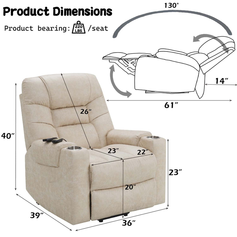 Nairi Power Recliner w/Lift & Heating & Massage, Ivory Leather Aire Acme
