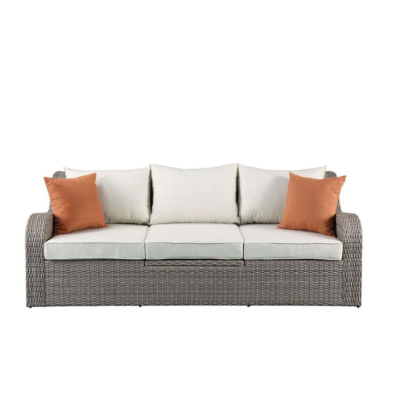 Salena Patio Sofa w/2 Pillows & 2 Ottomans , Beige Fabric & Gray Wicker Acme