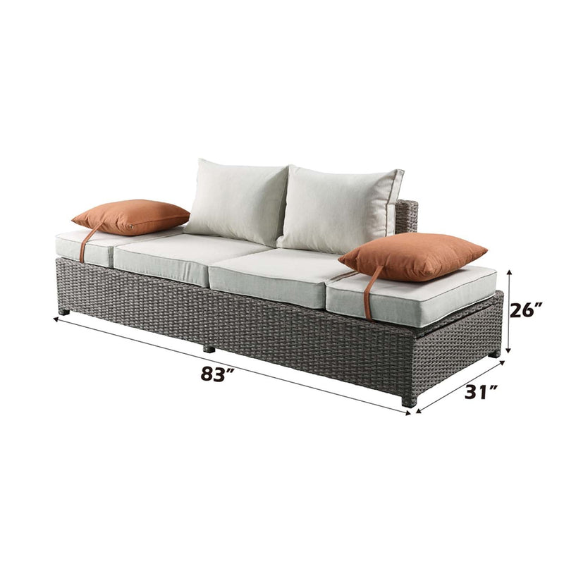 Salena Patio Sofa w/2 Pillows & Ottoman , Beige Fabric & Gray Wicker Acme
