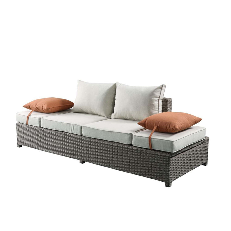 Salena Patio Sofa w/2 Pillows & Ottoman , Beige Fabric & Gray Wicker Acme