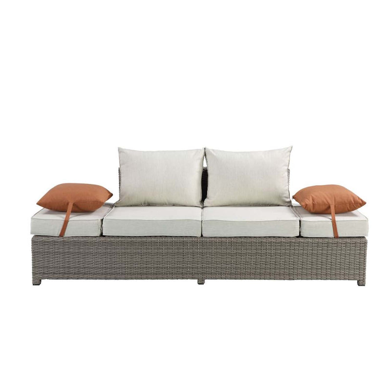 Salena Patio Sofa w/2 Pillows & Ottoman , Beige Fabric & Gray Wicker Acme