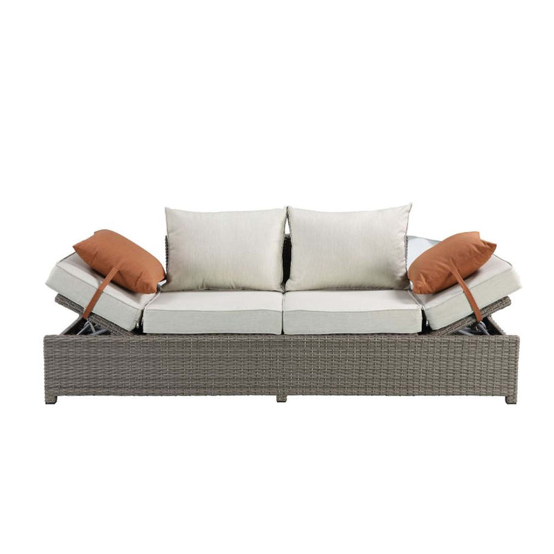 Salena Patio Sofa w/2 Pillows & Ottoman , Beige Fabric & Gray Wicker Acme