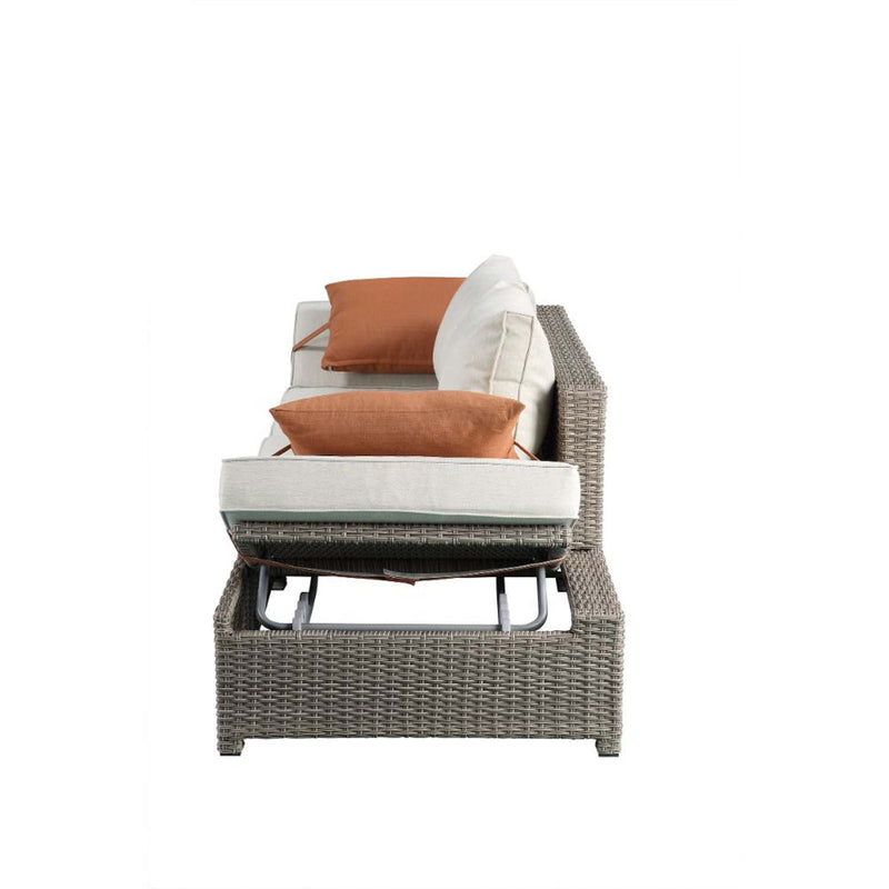 Salena Patio Sofa w/2 Pillows & Ottoman , Beige Fabric & Gray Wicker Acme