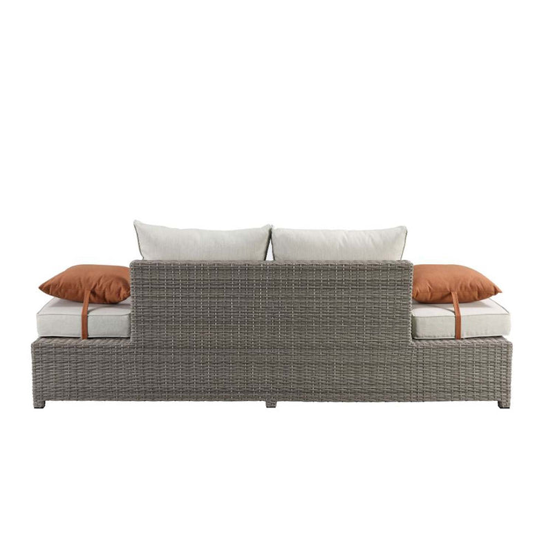 Salena Patio Sofa w/2 Pillows & Ottoman , Beige Fabric & Gray Wicker Acme